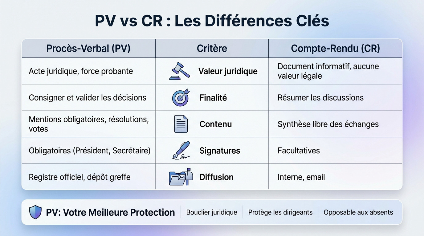 Infographie comparant la valeur juridique du Procès-Verbal d'AG face au simple Compte-Rendu