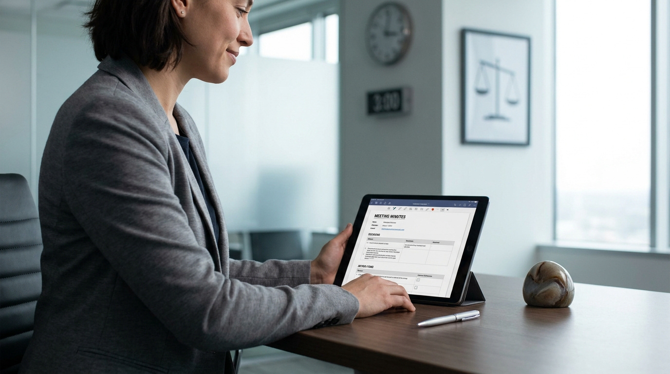 Une professionnelle consulte un compte-rendu de réunion sur une tablette dans un bureau moderne.