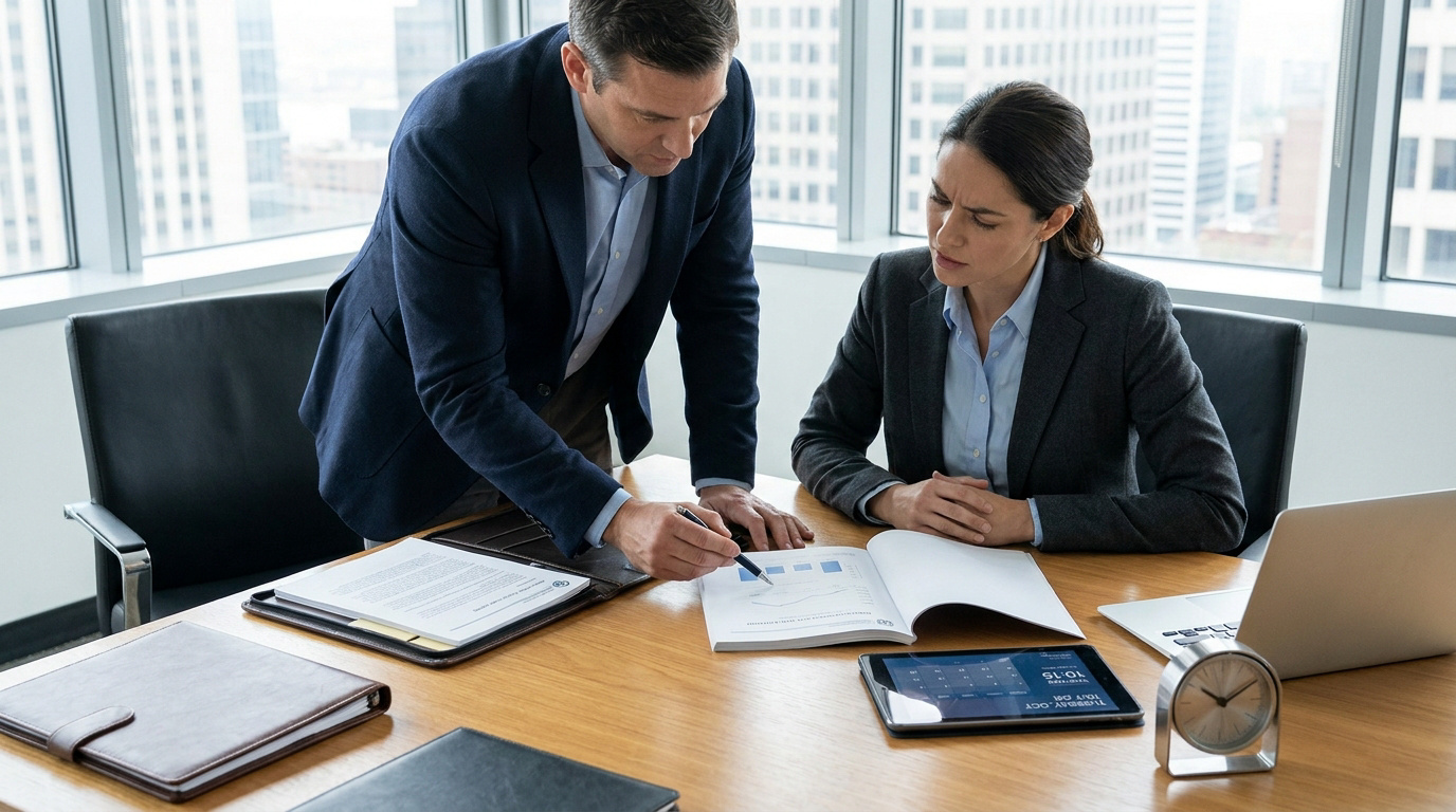 Un homme et une femme en tenue professionnelle analysent des documents sur une table de réunion dans un bureau moderne.
