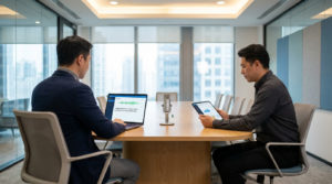 Deux professionnels travaillant dans une salle de conférence avec un ordinateur portable et une tablette.