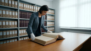 Une archiviste portant des gants blancs consulte un registre ancien dans une salle d'archives avec des étagères remplies.