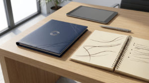 Un carnet bleu, un bloc-notes à spirales, un stylo et une tablette posés sur un bureau en bois clair.