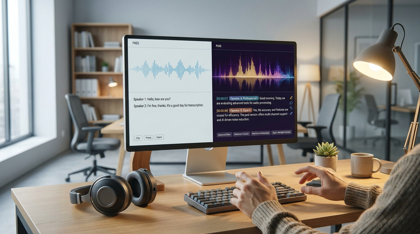Écran affichant une comparaison entre les versions gratuite et payante d'un logiciel de transcription audio.