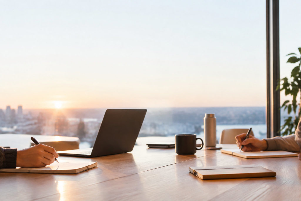 Mains écrivant dans des carnets sur une table de bureau face à une fenêtre avec vue sur un coucher de soleil.