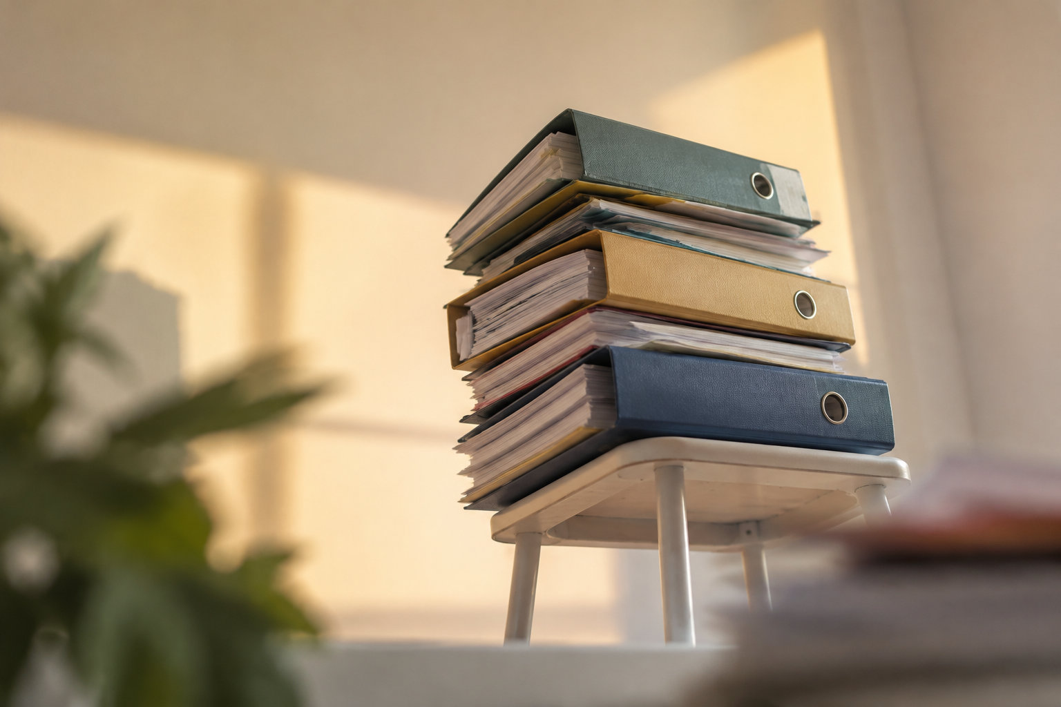 Pile de trois classeurs remplis de documents posés sur un petit tabouret blanc dans une pièce lumineuse.