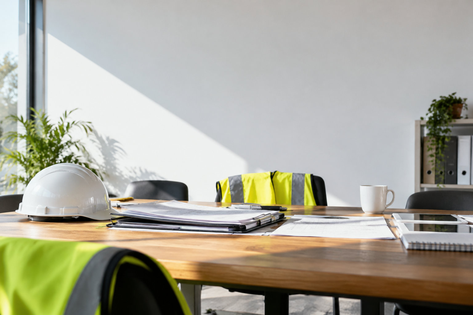 Casque de chantier et gilets de sécurité sur une table de réunion en bois dans un bureau lumineux.