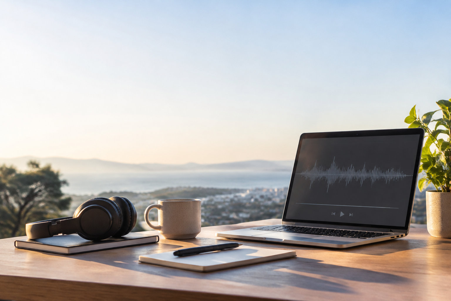 Un ordinateur portable affichant une onde sonore sur un bureau avec un casque et un café, face à une vue panoramique.