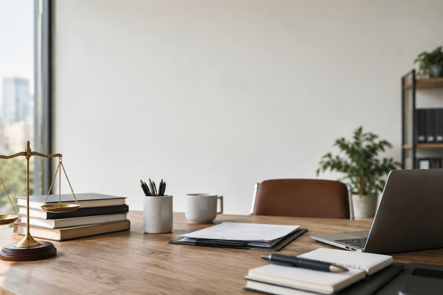 Bureau d'avocat avec balance de la justice, ordinateur portable et documents sur une table en bois.