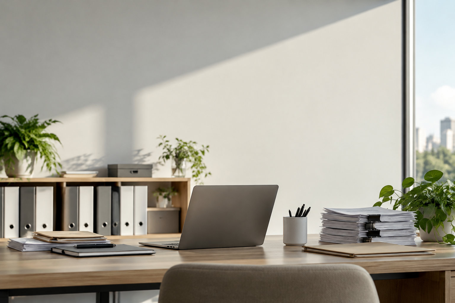 Un bureau moderne avec un ordinateur portable et des piles de documents papier à numériser.