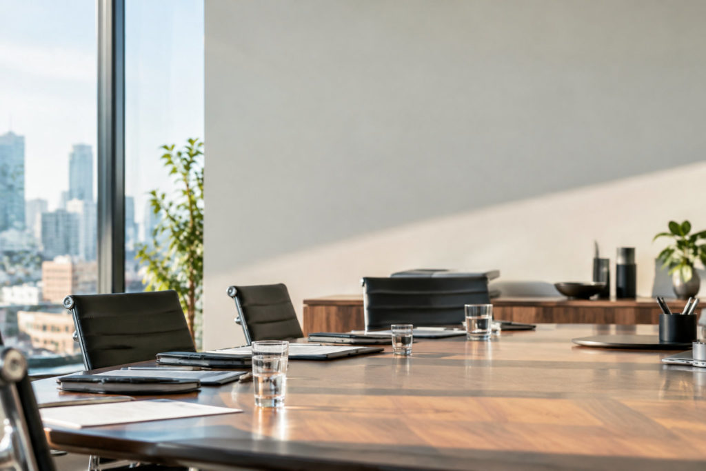Une salle de conférence vide avec une table en bois et une vue sur les gratte-ciel à travers une grande baie vitrée.
