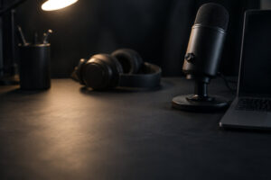Bureau sombre avec un microphone de studio, un casque audio et un ordinateur portable, éclairés par une lampe.