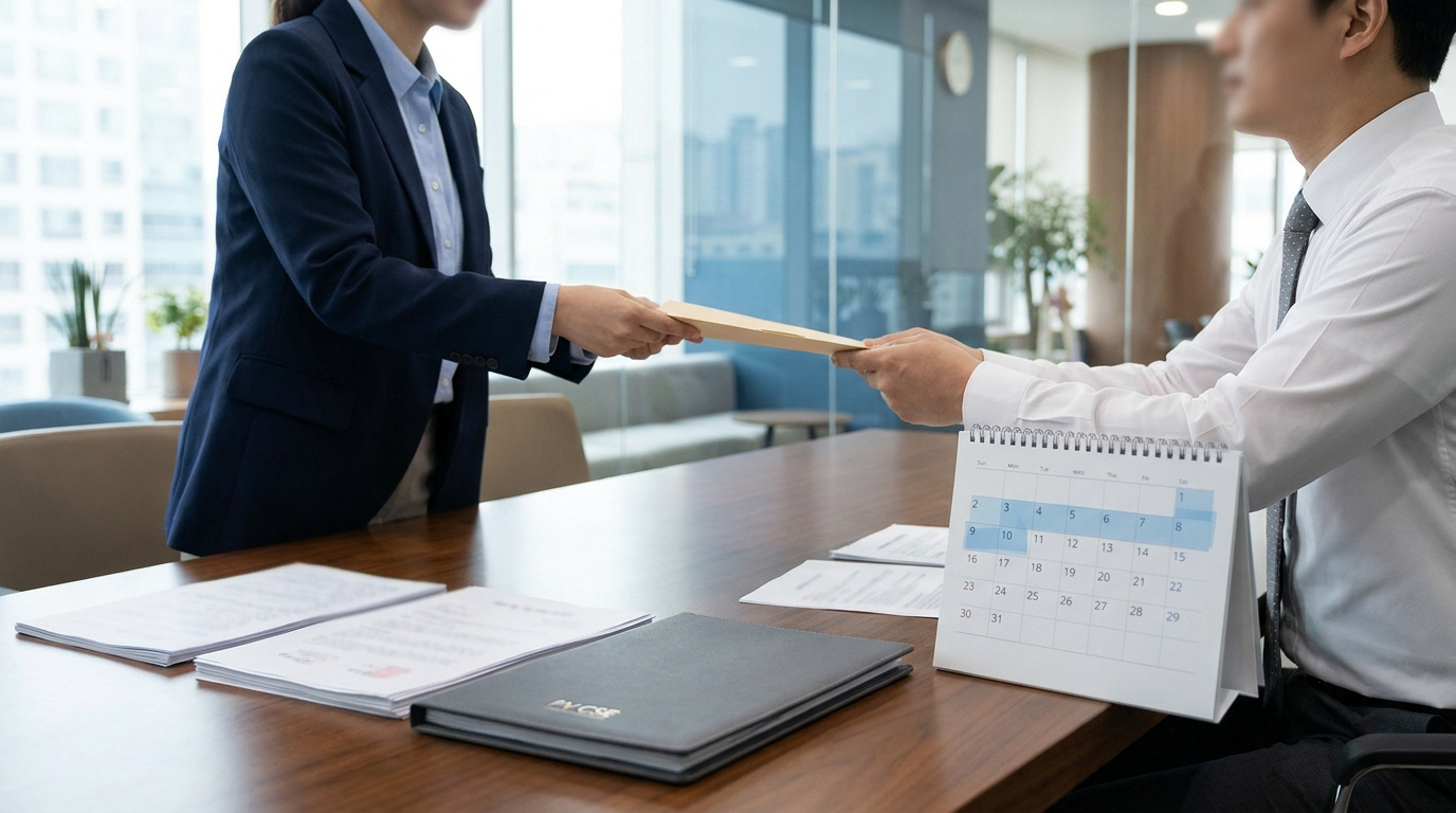 Une personne remet un document à son employeur dans un bureau, avec un calendrier de bureau au premier plan.