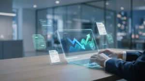 Mains d'un professionnel travaillant sur une interface numérique holographique de gestion de factures et de graphiques.