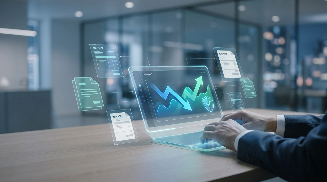 Mains d'un professionnel travaillant sur une interface numérique holographique de gestion de factures et de graphiques.