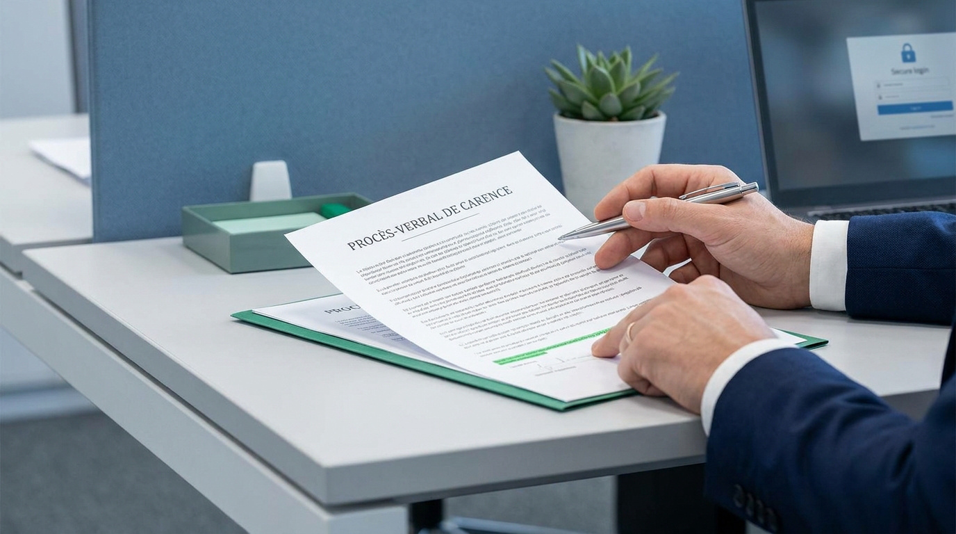 Mains d'une personne en costume signant un document intitulé Procès-verbal de carence sur un bureau de bureau.