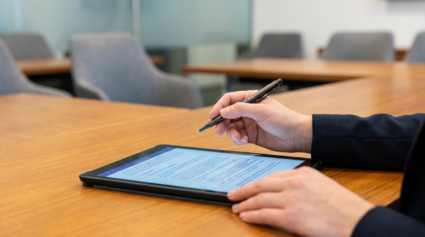 Une personne utilise un stylet sur une tablette numérique pour rédiger un document dans une salle de réunion vide.