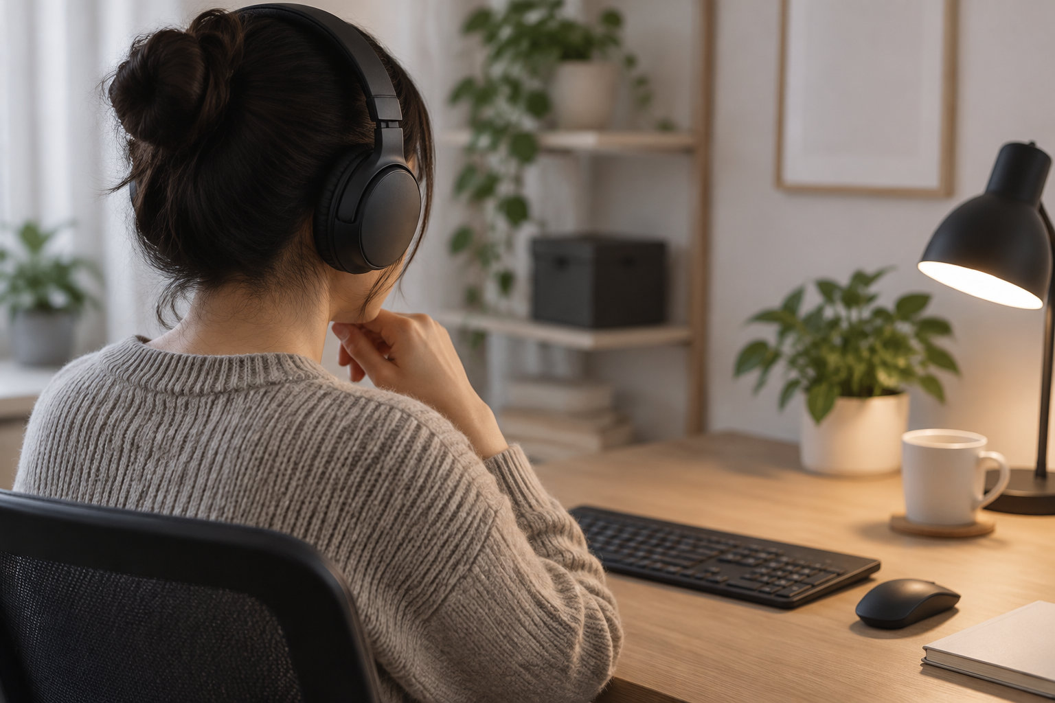 Une femme assise à un bureau porte un casque audio et regarde un clavier, une souris, une tasse et une lampe.