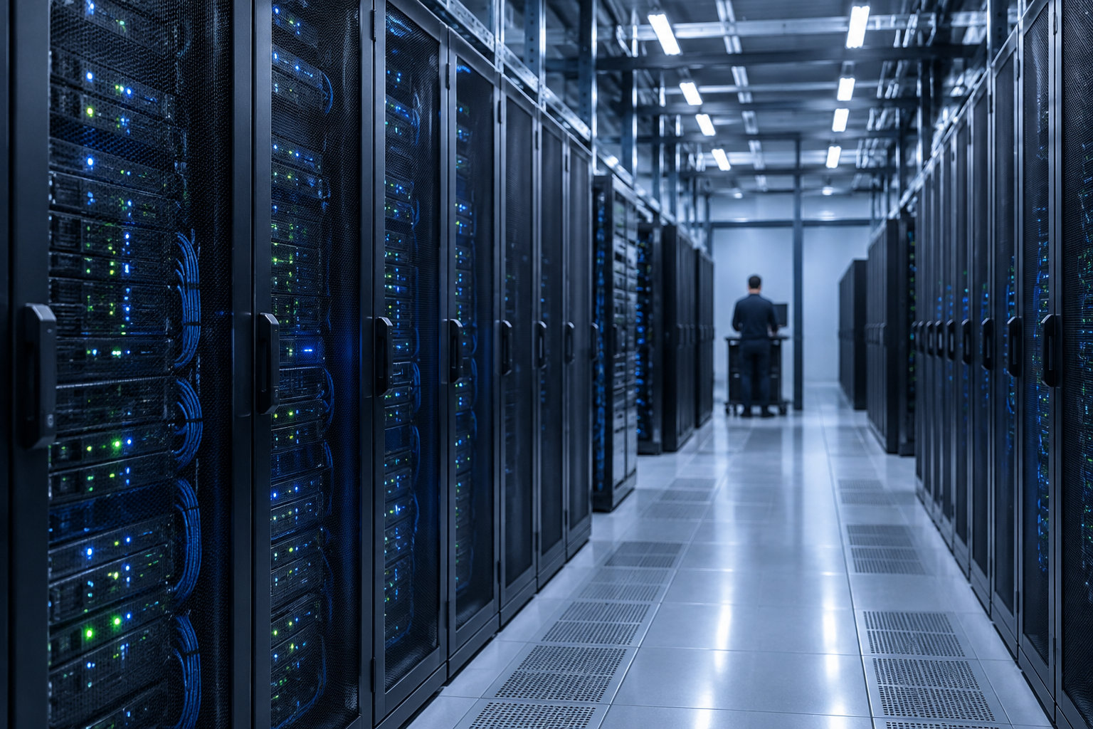 Une personne se tient au fond d’une allée bordée de baies de serveurs dans une salle informatique éclairée par des néons.