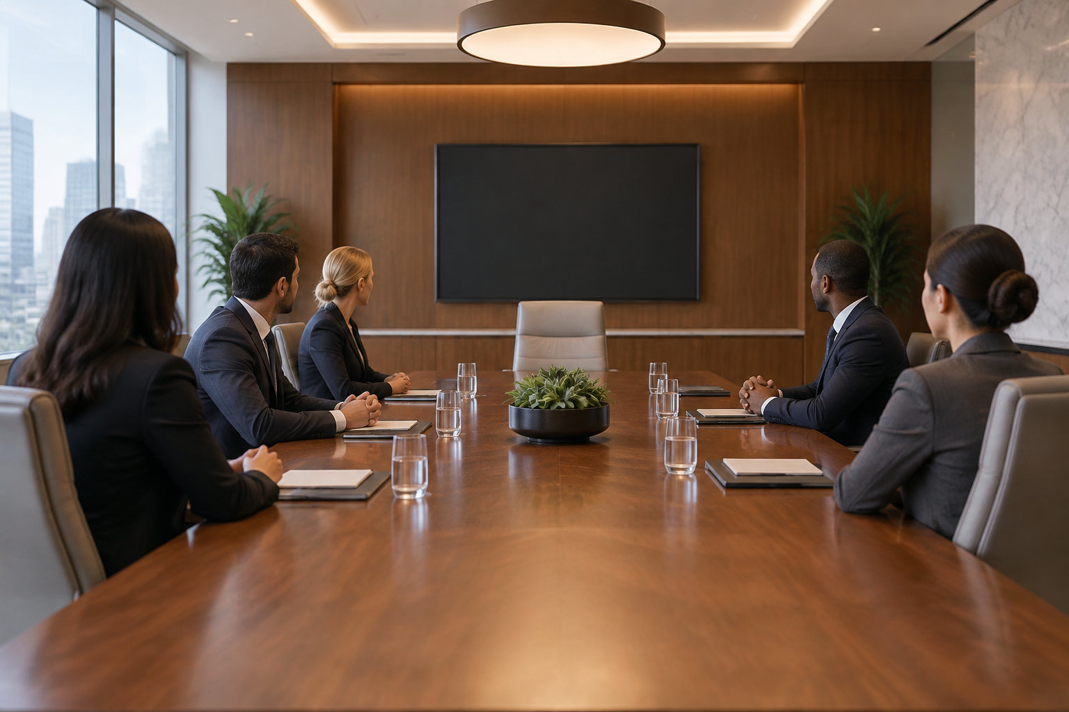 Quatre personnes en tenue professionnelle sont assises autour d’une longue table de réunion face à un écran noir, avec des verres, des carnets et une plante au centre.