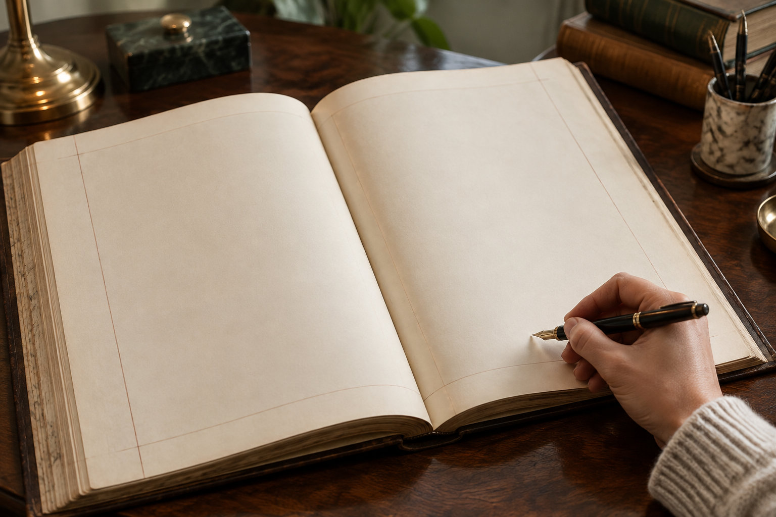 Une main tient un stylo-plume au-dessus d’un grand livre ouvert aux pages vierges, posé sur un bureau en bois avec une lampe, des livres et un pot à crayons.