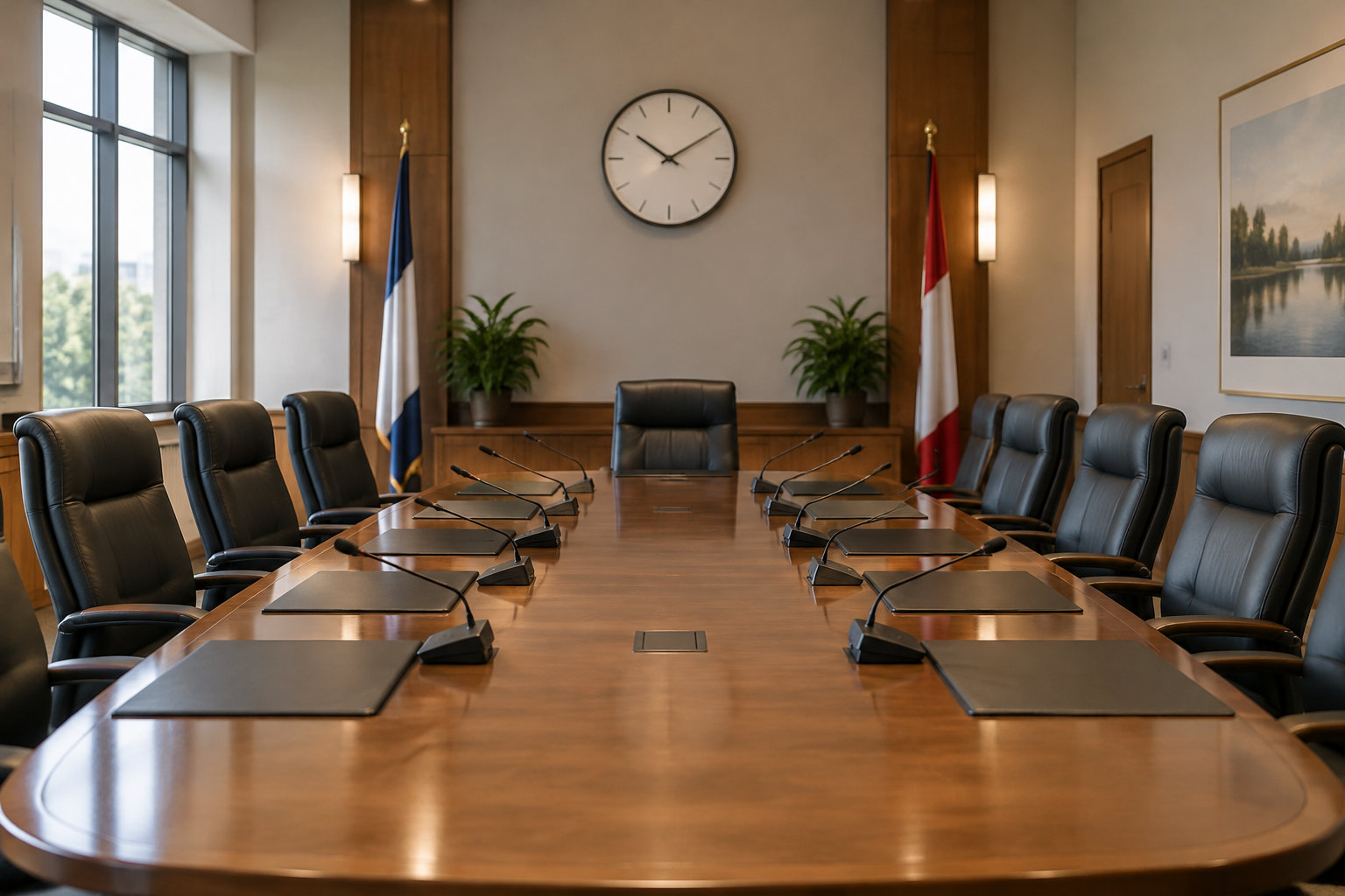 Une salle de réunion vide avec une longue table en bois, des fauteuils noirs, des microphones, deux drapeaux et une horloge murale.