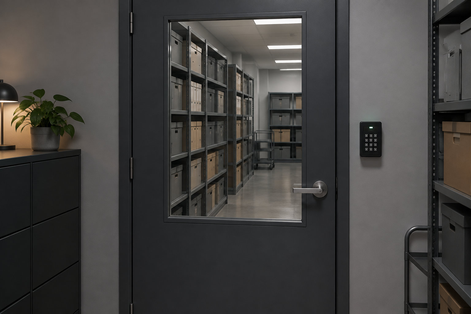 Une porte sombre avec une fenêtre et un clavier à code donne sur une pièce de rangement remplie d’étagères et de boîtes.