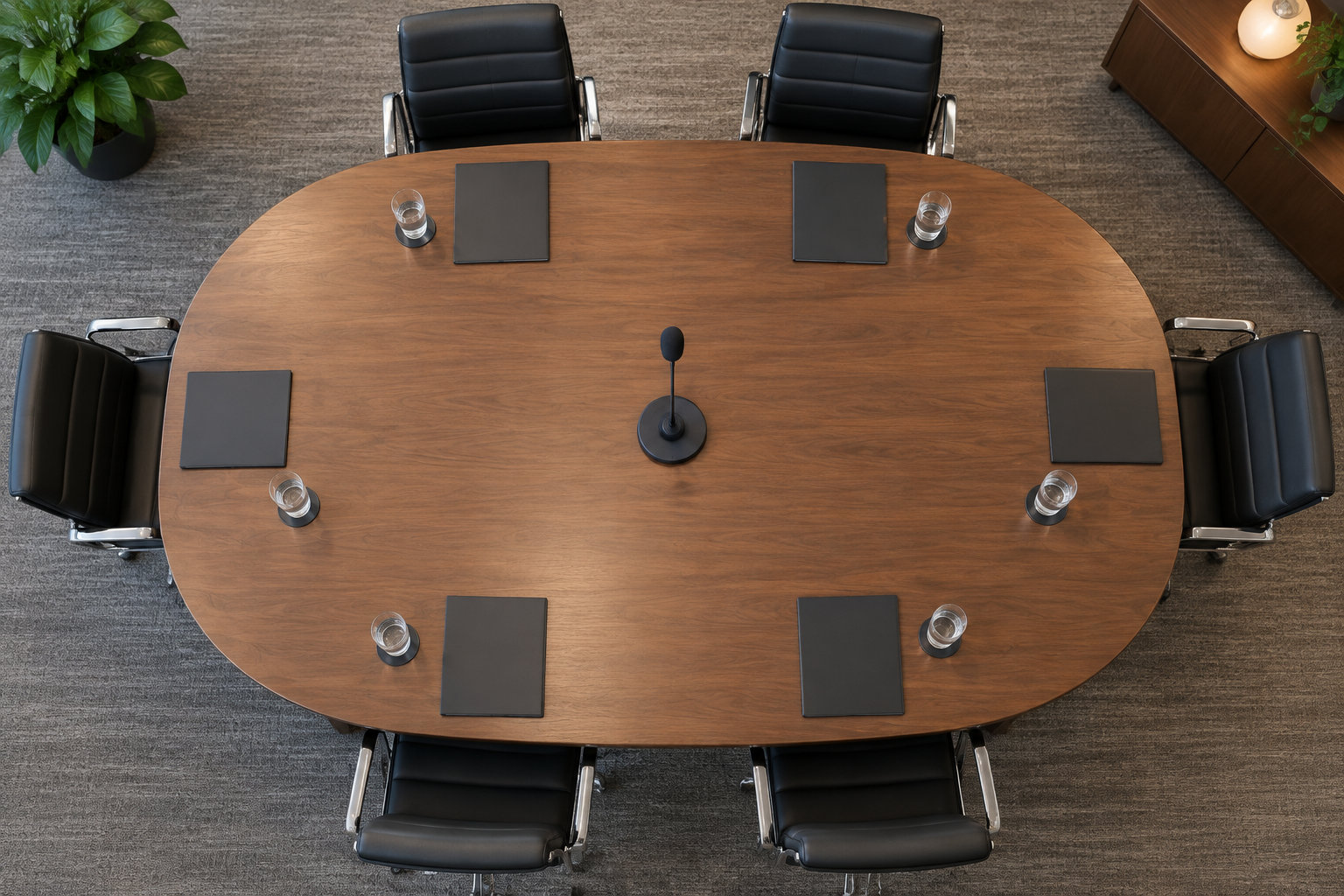 Une table de réunion ovale en bois est entourée de six fauteuils noirs, avec des verres et des blocs-notes devant chaque place et un microphone au centre.