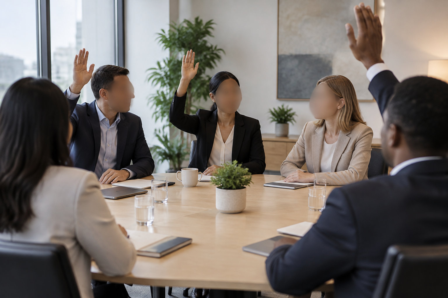Des personnes réunies autour d’une table de conférence lèvent la main dans une salle de réunion.