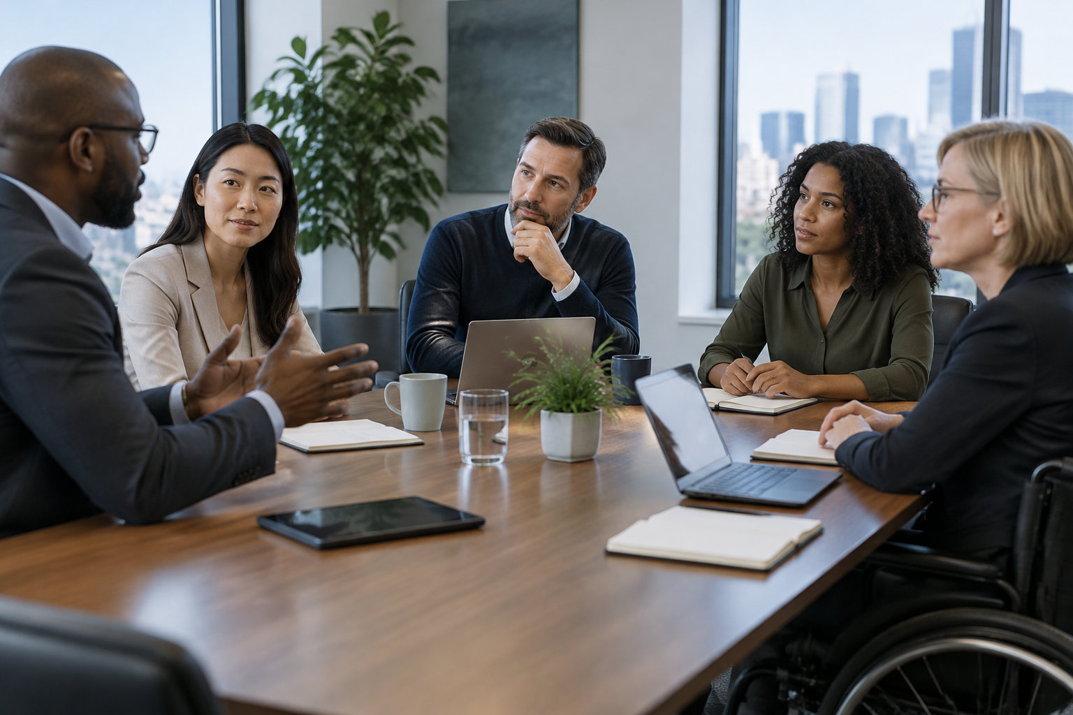 Cinq personnes sont réunies autour d’une table de conférence dans un bureau lumineux, avec des ordinateurs portables, des carnets et des tasses ; l’une d’elles est en fauteuil roulant.