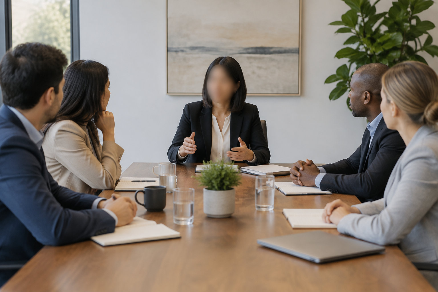 Cinq personnes en tenue professionnelle sont réunies autour d’une table ; la femme au centre parle et fait des gestes, tandis que les autres l’écoutent.