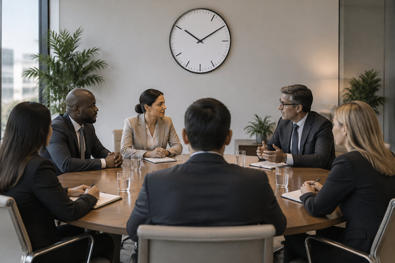 Six personnes en tenue professionnelle discutent autour d’une table de réunion, sous une horloge murale.