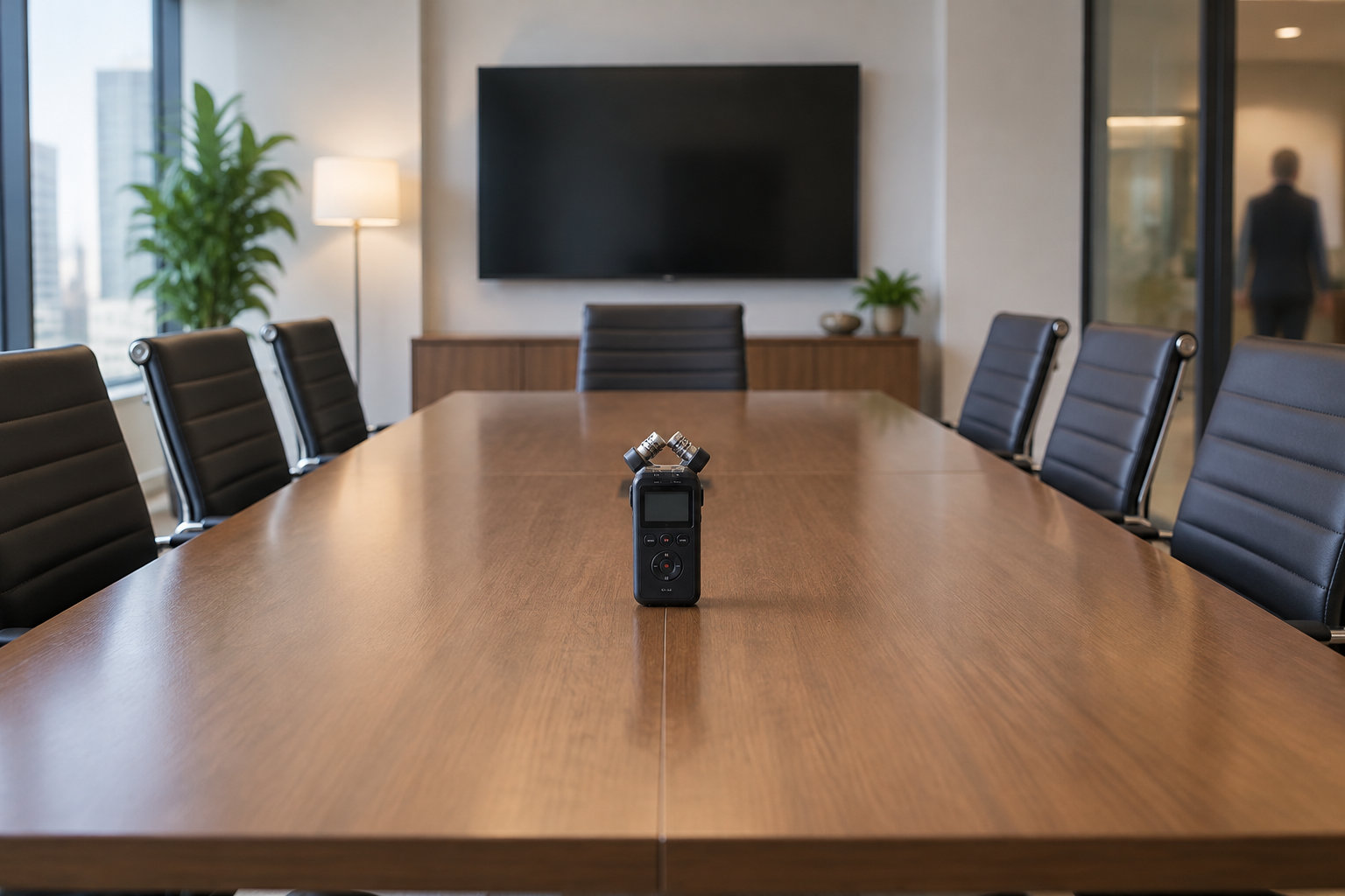 Un enregistreur audio portable est posé au centre d’une longue table en bois dans une salle de réunion avec des fauteuils, un écran noir et des plantes.