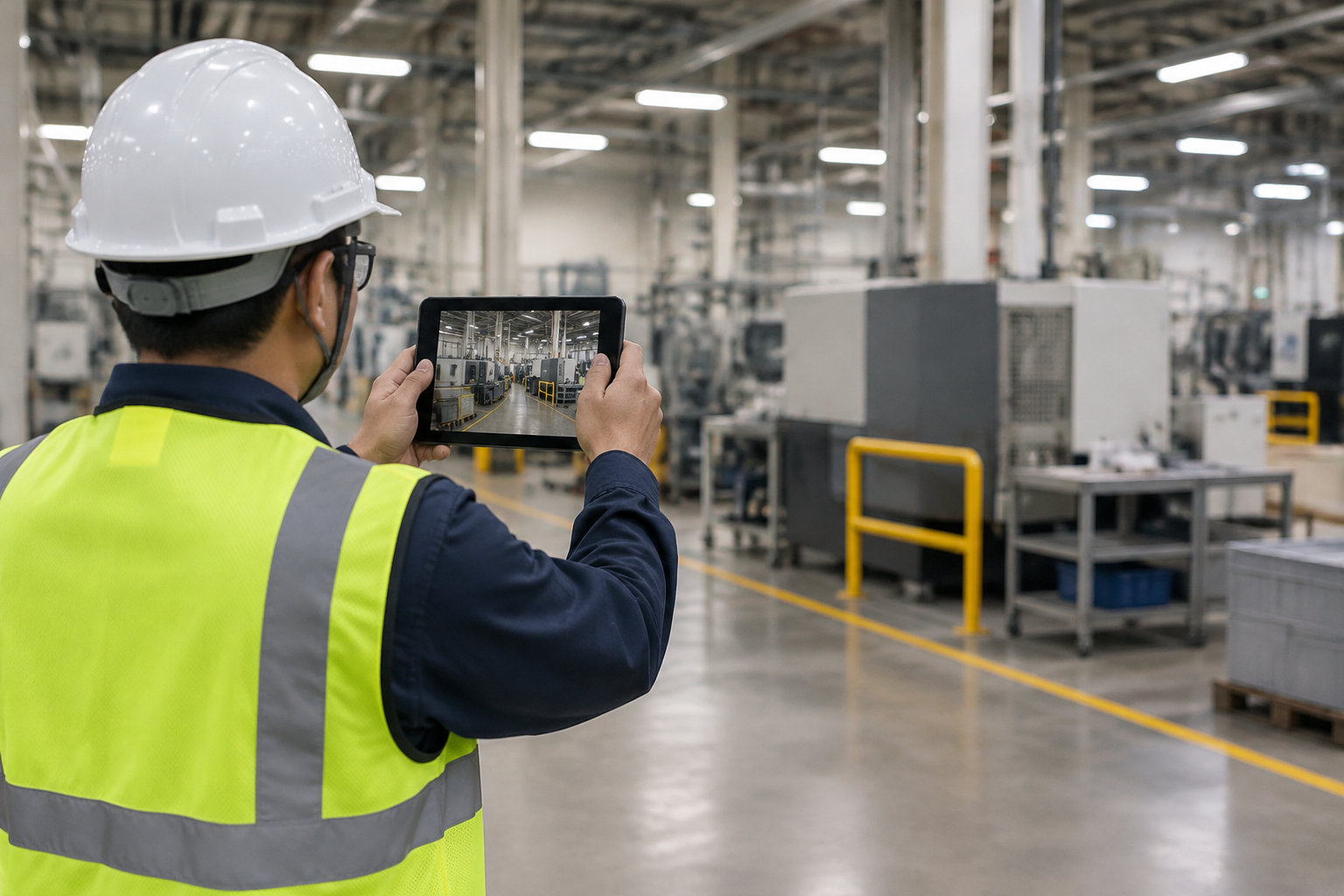 Un ouvrier portant un casque et un gilet de sécurité tient une tablette dans un grand atelier industriel.