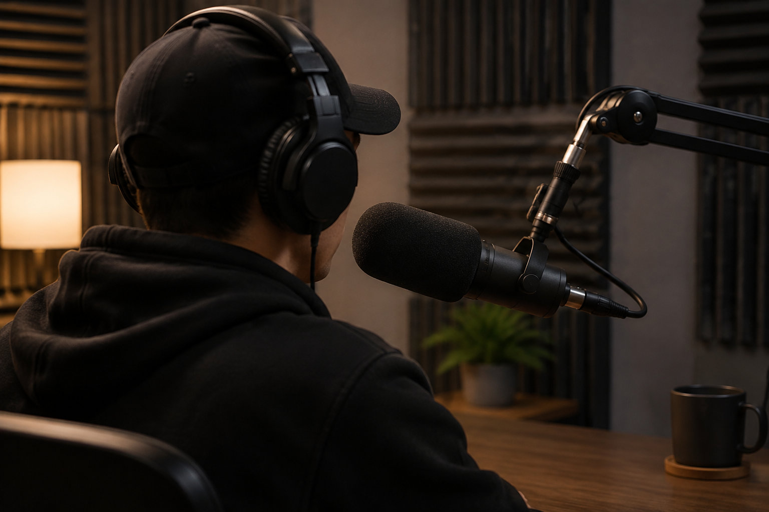 Une personne portant une casquette et un casque audio est assise devant un microphone dans un studio insonorisé.