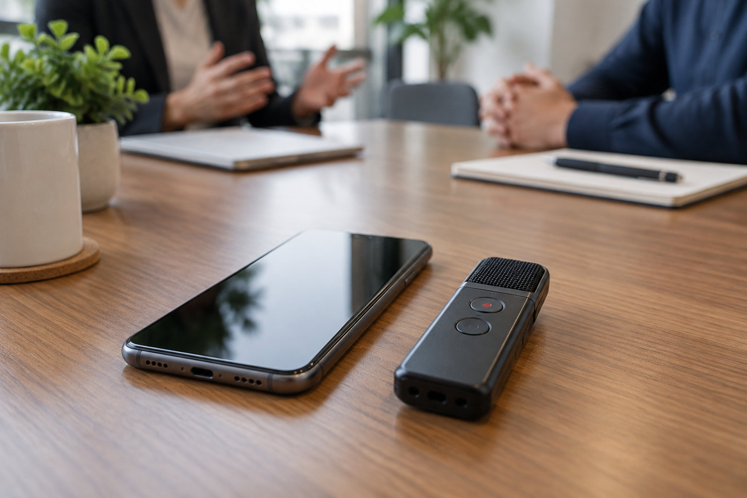 Un téléphone et un enregistreur vocal sont posés sur une table en bois, devant deux personnes en réunion.
