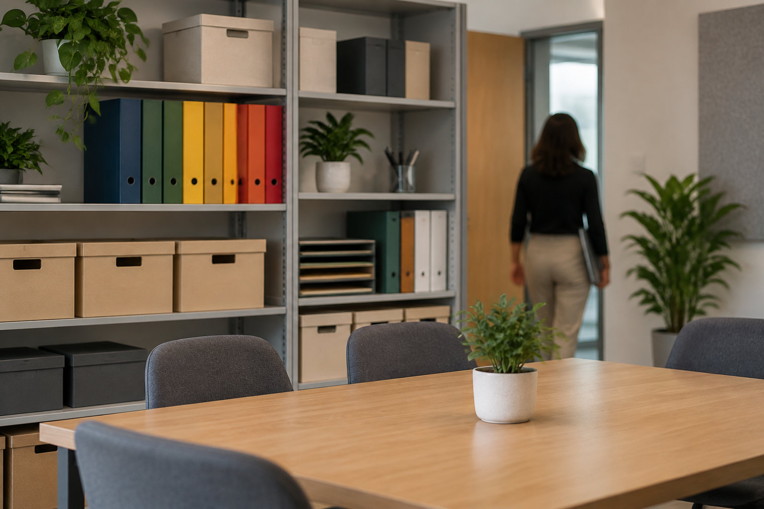 Une femme portant un dossier s’éloigne d’une table en bois entourée de chaises dans un bureau avec des étagères, des boîtes et des plantes.
