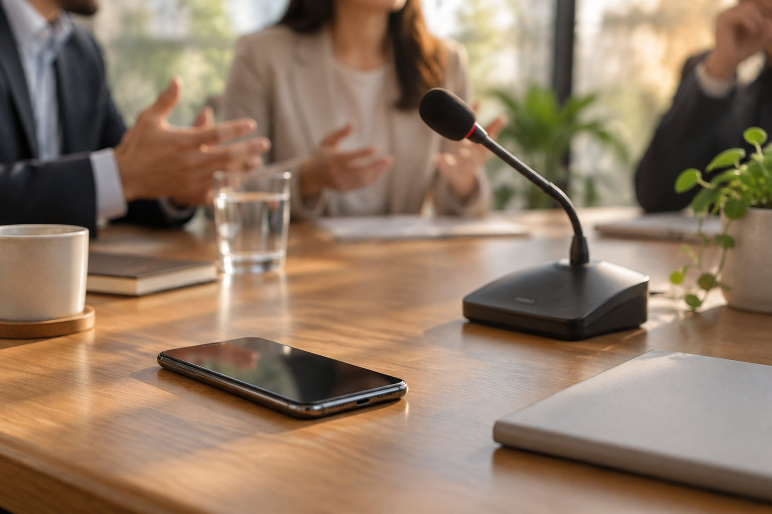 Un téléphone posé sur une table en bois se trouve devant un microphone, tandis que plusieurs personnes discutent autour de la table.
