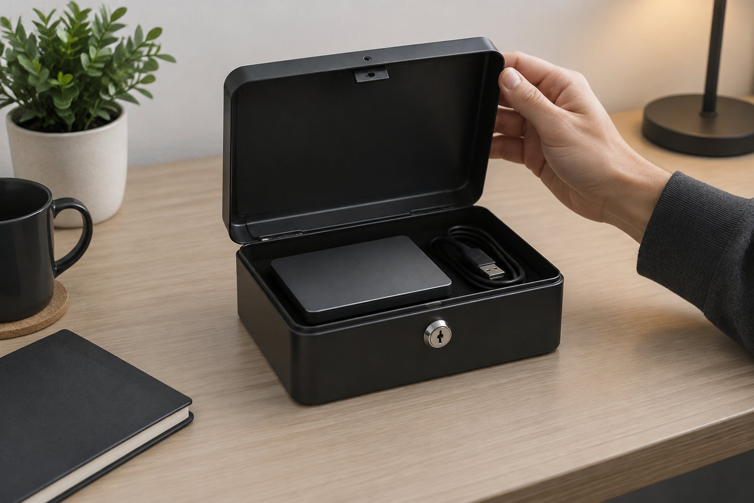 Une main ouvre une boîte noire contenant un appareil rectangulaire et un câble USB, posée sur un bureau avec une tasse, un carnet, une plante et une lampe.