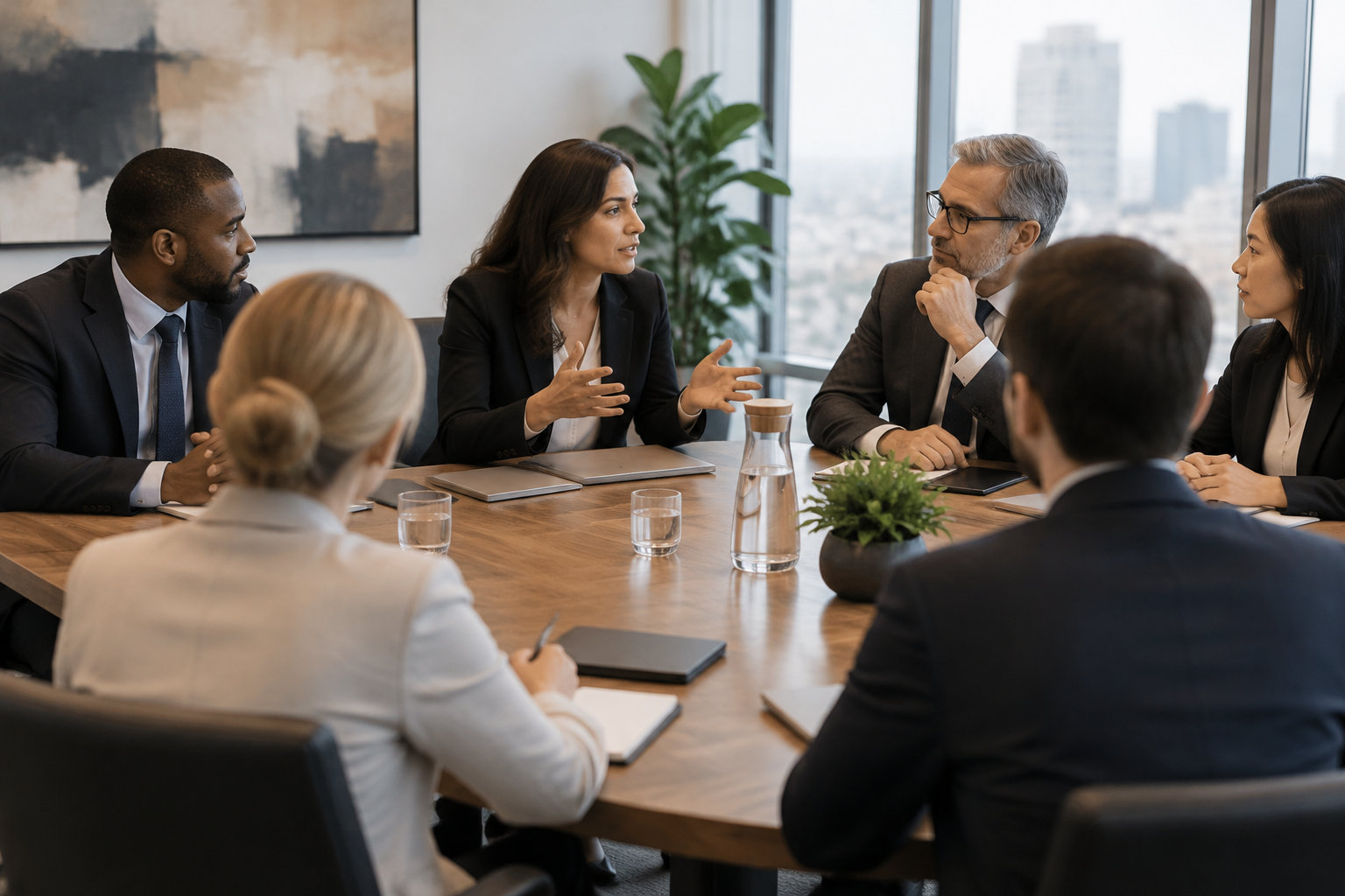 Plusieurs professionnels en tenue de bureau discutent autour d’une table de réunion, avec des carnets, des tablettes et des verres d’eau.