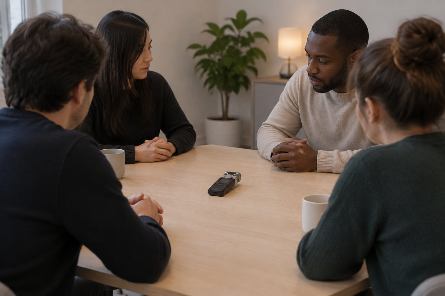 Quatre personnes sont assises autour d’une table, avec un enregistreur posé au centre et des tasses à proximité.