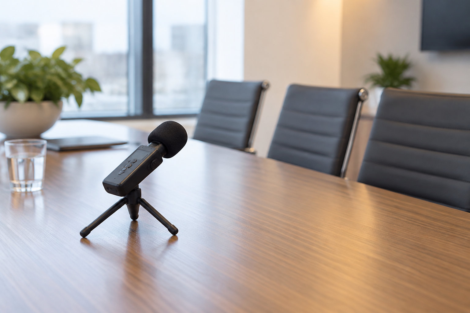 Un microphone noir sur trépied est posé sur une grande table en bois dans une salle de réunion avec des chaises, des plantes et une fenêtre.