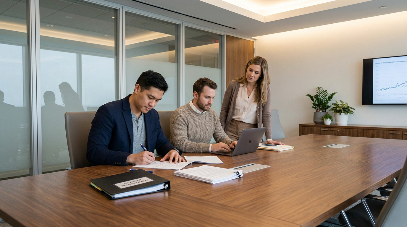 Trois collègues travaillant ensemble sur des documents dans une salle de réunion moderne et lumineuse.