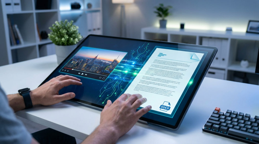 Mains utilisant un écran tactile interactif pour convertir une vidéo en document texte numérique.
